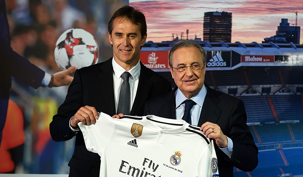 MADRID, SPAIN - JUNE 14: Julen Lopetegui the new head coach of Real Madrid (L) poses with Florentino Perez, President of Real Madrid at Santiago Bernabeu Stadium on June 14, 2018 in Madrid, Spain. (Photo by Quality Sport Images/Getty Images)