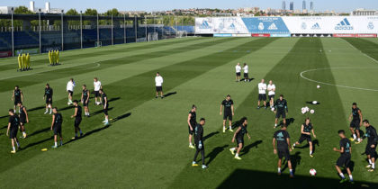 Real Madrid players take part in a training session at Real Madrid sport city in Madrid on August 12, 2017, on the eve of the Spanish SuperCup first leg football match Real Madrid CF vs FC Barcelona. / AFP PHOTO / JAVIER SORIANO (Photo credit should read JAVIER SORIANO/AFP/Getty Images)