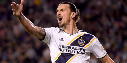 CARSON, CA - APRIL 28: Zlatan Ibrahimovic #9 of Los Angeles Galaxy reacts as his goal is called off after an offside during the second half of a 3-2 Red Bulls win at StubHub Center on April 28, 2018 in Carson, California. (Photo by Harry How/Getty Images)
