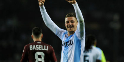 Sergej Milinkovic Savic of SS Lazio celebrate winning during the serie A match between Torino FC and SS Lazio at Stadio Olimpico di Torino on April 29, 2018 in Turin, Italy. (Photo by Marco Rosi/Getty Images)