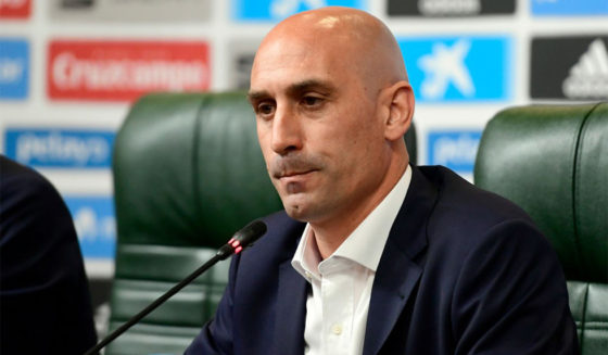 President of the Spanish Football Federation, Luis Rubiales, attends a press conference at Krasnodar Academy on June 13, 2018, ahead of the Russia 2018 World Cup football tournament. - Spain sacked coach Lopetegui just two days before the team's opening game against Portugal at the World Cup, Spanish football federation chief Luis Rubiales confirmed on June 13, 2018. In a surprise announcement on June 12, Real Madrid named Lopetegui as their next manager to start work after the tournament in Russia, sparking outrage among the federation and Spanish fans at the timing of the announcement. (Photo by PIERRE-PHILIPPE MARCOU / AFP) (Photo credit should read PIERRE-PHILIPPE MARCOU/AFP/Getty Images)