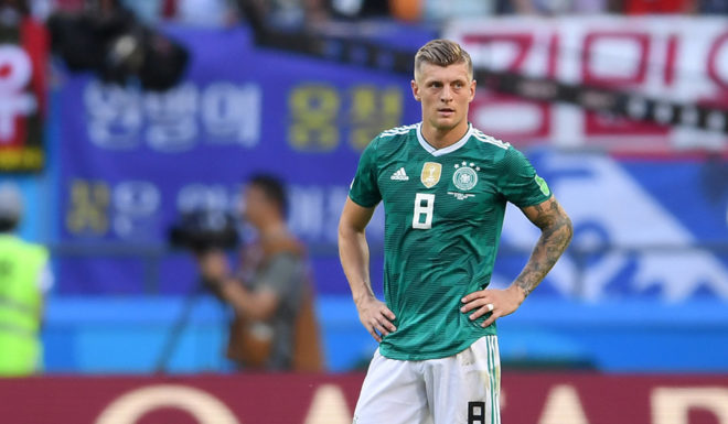 KAZAN, RUSSIA - JUNE 27: Niklas Suele, Toni Kroos, Manuel Neuer and Marco Reus of Germany looks dejected following his sides defeat in the 2018 FIFA World Cup Russia group F match between Korea Republic and Germany at Kazan Arena on June 27, 2018 in Kazan, Russia. (Photo by Laurence Griffiths/Getty Images)