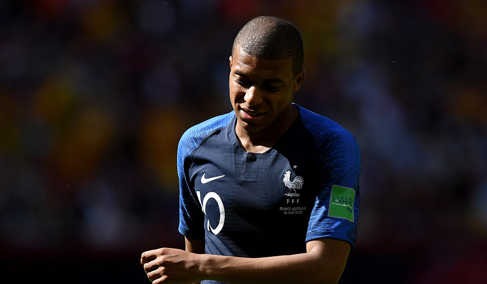 KAZAN, RUSSIA - JUNE 16: Kylian Mbappe of France reacts during the 2018 FIFA World Cup Russia group C match between France and Australia at Kazan Arena on June 16, 2018 in Kazan, Russia. (Photo by Shaun Botterill/Getty Images)