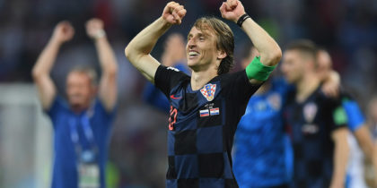 SOCHI, RUSSIA - JULY 07: Luka Modric of Croatia celebrates following their sides victory during the 2018 FIFA World Cup Russia Quarter Final match between Russia and Croatia at Fisht Stadium on July 7, 2018 in Sochi, Russia. (Photo by Shaun Botterill/Getty Images)