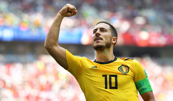 Belgium's forward Eden Hazard celebrates his second goal during the Russia 2018 World Cup Group G football match between Belgium and Tunisia at the Spartak Stadium in Moscow on June 23, 2018. (Photo by Yuri CORTEZ / AFP) / RESTRICTED TO EDITORIAL USE - NO MOBILE PUSH ALERTS/DOWNLOADS (Photo credit should read YURI CORTEZ/AFP/Getty Images)