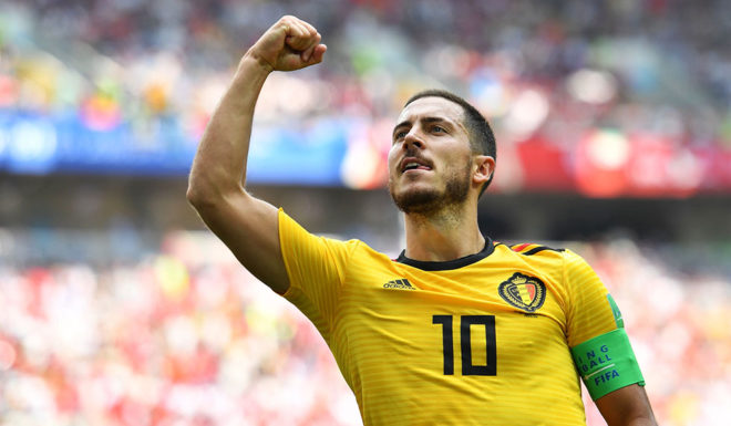 Belgium's forward Eden Hazard celebrates his second goal during the Russia 2018 World Cup Group G football match between Belgium and Tunisia at the Spartak Stadium in Moscow on June 23, 2018. (Photo by Yuri CORTEZ / AFP) / RESTRICTED TO EDITORIAL USE - NO MOBILE PUSH ALERTS/DOWNLOADS (Photo credit should read YURI CORTEZ/AFP/Getty Images)
