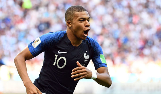 TOPSHOT - France's forward Kylian Mbappe celebrates after scoring their third goal during the Russia 2018 World Cup round of 16 football match between France and Argentina at the Kazan Arena in Kazan on June 30, 2018. (Photo by FRANCK FIFE / AFP) / RESTRICTED TO EDITORIAL USE - NO MOBILE PUSH ALERTS/DOWNLOADS (Photo credit should read FRANCK FIFE/AFP/Getty Images)