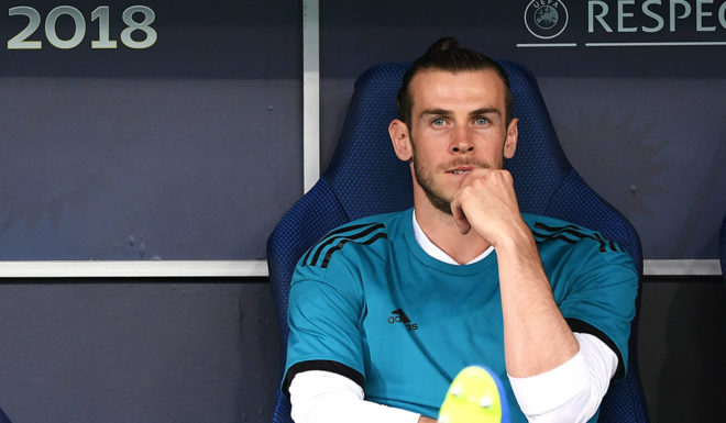 KIEV, UKRAINE - MAY 26: Gareth Bale of Real Madrid sits on the bench prior to the UEFA Champions League Final between Real Madrid and Liverpool at NSC Olimpiyskiy Stadium on May 26, 2018 in Kiev, Ukraine. (Photo by Michael Regan/Getty Images)