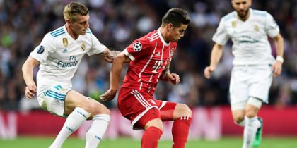 Bayern Munich's Colombian midfielder James Rodriguez (R) vies with Real Madrid's German midfielder Toni Kroos during the UEFA Champions League semi-final second leg football match between Real Madrid and Bayern Munich at the Santiago Bernabeu Stadium in Madrid on May 1, 2018. (Photo by JAVIER SORIANO / AFP) (Photo credit should read JAVIER SORIANO/AFP/Getty Images)