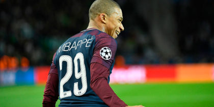 Paris Saint-Germain's French striker Kylian Mbappe celebrates scoring his team's fourth goal during the UEFA Champions League Group B football match between Paris Saint-Germain (PSG) and Glasgow Celtic at Parc des Princes Stadium in Paris on November 22, 2017. / AFP PHOTO / BERTRAND GUAY (Photo credit should read BERTRAND GUAY/AFP/Getty Images)