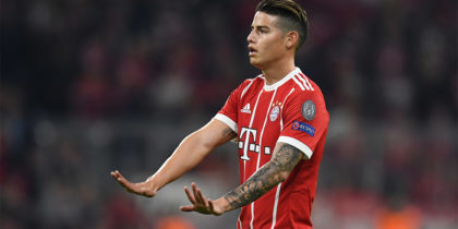 Bayern Munich's Colombian midfielder James Rodriguez gestures during the UEFA Champions League quarter-final second leg football match between FC Bayern Munich and Sevilla FC on April 11, 2018 in Munich, southern Germany.