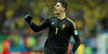 KAZAN, RUSSIA - JULY 06: Thibaut Courtois of Belgium celebrates his team's second goal during the 2018 FIFA World Cup Russia Quarter Final match between Brazil and Belgium at Kazan Arena on July 6, 2018 in Kazan, Russia. (Photo by Catherine Ivill/Getty Images)
