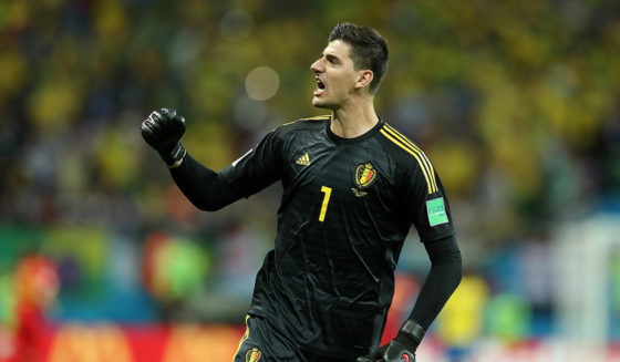 KAZAN, RUSSIA - JULY 06: Thibaut Courtois of Belgium celebrates his team's second goal during the 2018 FIFA World Cup Russia Quarter Final match between Brazil and Belgium at Kazan Arena on July 6, 2018 in Kazan, Russia. (Photo by Catherine Ivill/Getty Images)