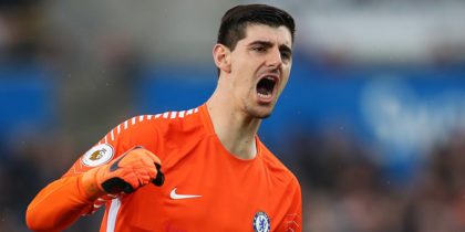 SWANSEA, WALES - APRIL 28: Thibaut Courtois of Chelsea celebrates after his sides first goal during the Premier League match between Swansea City and Chelsea at Liberty Stadium on April 28, 2018 in Swansea, Wales. (Photo by Catherine Ivill/Getty Images)