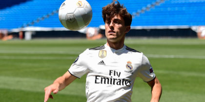 Real Madrid's new defender Alvaro Odriozola controls the ball during his official presentation at the Santiago Bernabeu stadium in Madrid on July 18, 2018. (Photo by PIERRE-PHILIPPE MARCOU / AFP) (Photo credit should read PIERRE-PHILIPPE MARCOU/AFP/Getty Images)