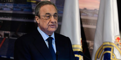 Real Madrid's president Florentino Perez gives a speech during the official presentation of Real Madrid's new defender Alvaro Odriozola at the Santiago Bernabeu stadium in Madrid on July 18, 2018. (Photo by PIERRE-PHILIPPE MARCOU / AFP) (Photo credit should read PIERRE-PHILIPPE MARCOU/AFP/Getty Images)