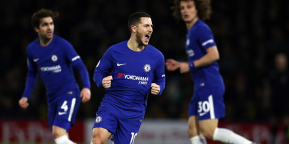 WATFORD, ENGLAND - FEBRUARY 05: Eden Hazard of Chelsea celebrates scoring the first Chelsea goal during the Premier League match between Watford and Chelsea at Vicarage Road on February 5, 2018 in Watford, England. (Photo by Catherine Ivill/Getty Images)