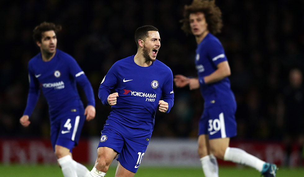 WATFORD, ENGLAND - FEBRUARY 05: Eden Hazard of Chelsea celebrates scoring the first Chelsea goal during the Premier League match between Watford and Chelsea at Vicarage Road on February 5, 2018 in Watford, England. (Photo by Catherine Ivill/Getty Images)