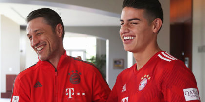 MIAMI, FL - JULY 28: James Rodriguez (R) of FC Bayern Muenchen meets team coach Niko Kovac for the first time during the FC Bayern AUDI Summer Tour on July 27, 2018 at Mandarin Oriental hotel in Miami, Florida. (Photo by Alexandra Beier/Bongarts/Getty Images)