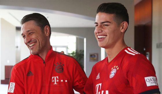 MIAMI, FL - JULY 28: James Rodriguez (R) of FC Bayern Muenchen meets team coach Niko Kovac for the first time during the FC Bayern AUDI Summer Tour on July 27, 2018 at Mandarin Oriental hotel in Miami, Florida. (Photo by Alexandra Beier/Bongarts/Getty Images)