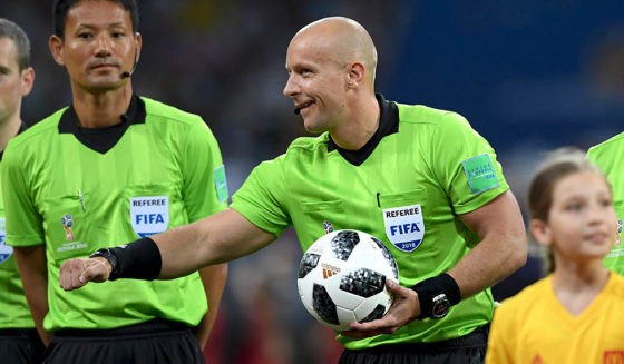 SOCHI, RUSSIA - JUNE 23: Referee Szymon Marciniak (with ball) and his assistants during the 2018 FIFA World Cup Russia group F match between Germany and Sweden at Fisht Stadium on June 23, 2018 in Sochi, Russia. (Photo by Stu Forster/Getty Images)