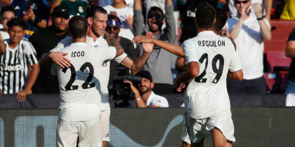 LANDOVER, MD - AUGUST 04: Gareth Bale #11 of Real Madrid celebrates with his teammates after scoring a goal in the first half against Juventus during the International Champions Cup 2018 at FedExField on August 4, 2018 in Landover, Maryland. (Photo by Patrick McDermott/Getty Images)