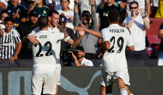 LANDOVER, MD - AUGUST 04: Gareth Bale #11 of Real Madrid celebrates with his teammates after scoring a goal in the first half against Juventus during the International Champions Cup 2018 at FedExField on August 4, 2018 in Landover, Maryland. (Photo by Patrick McDermott/Getty Images)