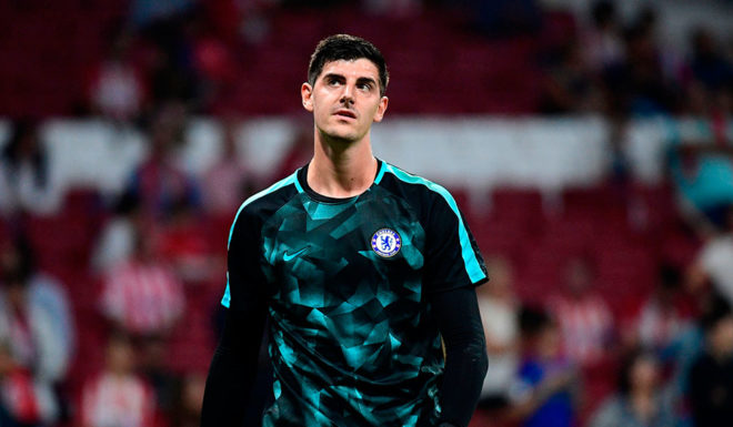 Chelsea's Belgian goalkeeper Thibaut Courtois looks on before the UEFA Champions League Group C football match Club Atletico de Madrid vs Chelsea FC at the Metropolitan stadium in Madrid on September 27, 2017. / AFP PHOTO / PIERRE-PHILIPPE MARCOU (Photo credit should read PIERRE-PHILIPPE MARCOU/AFP/Getty Images)