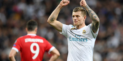 MADRID, SPAIN - MAY 01: Toni Kroos f Real Madrid celebrates as they reach the final after the UEFA Champions League Semi Final Second Leg match between Real Madrid and Bayern Muenchen at the Bernabeu on May 1, 2018 in Madrid, Spain. (Photo by Matthias Hangst/Bongarts/Getty Images)