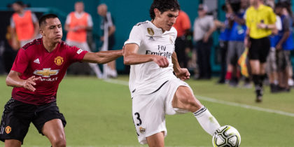 MIAMI, FL - JULY 31: Jesus Vallejo #3 of Real Madrid plays the ball past Alexis Sanchez #7 of Manchester United during the International Champions Cup match at Hard Rock Stadium on July 31, 2018 in Miami, Florida. (Photo by Rob Foldy/Getty Images)