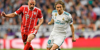 Bayern Munich's French midfielder Franck Ribery (L) and Real Madrid's Croatian midfielder Luka Modric vie for the ball during the UEFA Champions League semi-final second-leg football match Real Madrid CF vs FC Bayern Munich in Madrid, Spain, on May 1, 2018. (Photo by GABRIEL BOUYS / AFP) (Photo credit should read GABRIEL BOUYS/AFP/Getty Images)