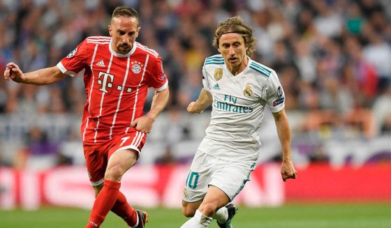 Bayern Munich's French midfielder Franck Ribery (L) and Real Madrid's Croatian midfielder Luka Modric vie for the ball during the UEFA Champions League semi-final second-leg football match Real Madrid CF vs FC Bayern Munich in Madrid, Spain, on May 1, 2018. (Photo by GABRIEL BOUYS / AFP) (Photo credit should read GABRIEL BOUYS/AFP/Getty Images)