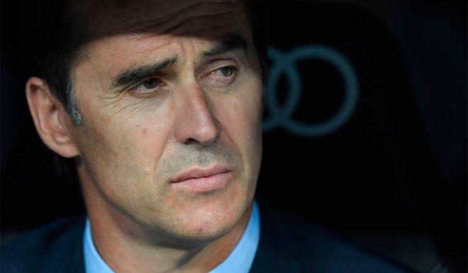 Real Madrid's Spanish coach Jolen Lopetegui attends the Santiago Bernabeu Trophy football match between Real Madrid and AC Milan in Madrid on August 11, 2018. (Photo by GABRIEL BOUYS / AFP) (Photo credit should read GABRIEL BOUYS/AFP/Getty Images)
