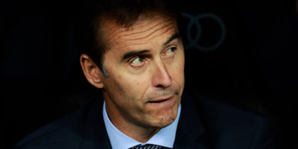 MADRID, SPAIN - AUGUST 11: Head coach Julen Lopetegui of Real Madrid CF looks on from the bench prior to start the Santiago Bernabeu Trophy between Real Madrid CF and AC Milan at Estadio Santiago Bernabeu on August 11, 2018 in Madrid, Spain. (Photo by Gonzalo Arroyo Moreno/Getty Images)