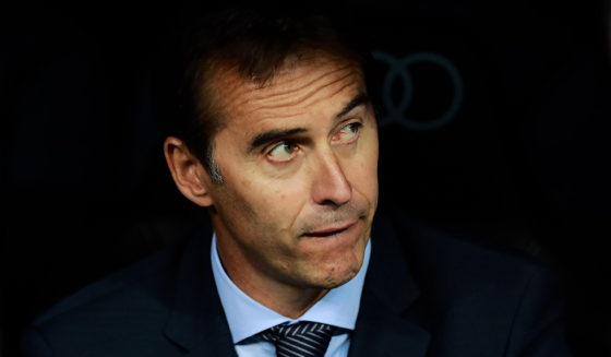 MADRID, SPAIN - AUGUST 11: Head coach Julen Lopetegui of Real Madrid CF looks on from the bench prior to start the Santiago Bernabeu Trophy between Real Madrid CF and AC Milan at Estadio Santiago Bernabeu on August 11, 2018 in Madrid, Spain. (Photo by Gonzalo Arroyo Moreno/Getty Images)