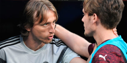 Real Madrid's Croatian midfielder Luka Modric greets AC Milan's Croatian midfielder Alen Halilovic (R) before the Santiago Bernabeu Trophy football match between Real Madrid and AC Milan in Madrid on August 11, 2018. (Photo by GABRIEL BOUYS / AFP) (Photo credit should read GABRIEL BOUYS/AFP/Getty Images)