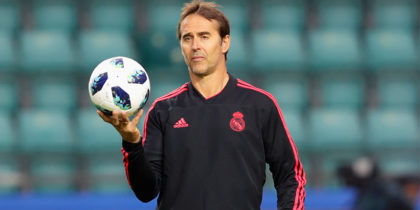 TALLINN, ESTONIA - AUGUST 14: Julen Lopetegui, head coach of Real Madrid CF plays with the ball during a training session ahead of the UEFA Super Cup match against Atletico Madrid at Lillekuela Stadium on August 14, 2018 in Tallinn, Estonia. (Photo by Alexander Hassenstein/Getty Images)