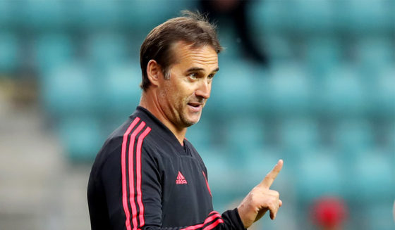 TALLINN, ESTONIA - AUGUST 14: Julen Lopetegui, head coach of Real Madrid CF reacts during a training session ahead of the UEFA Super Cup match against Atletico Madrid at Lillekuela Stadium on August 14, 2018 in Tallinn, Estonia. (Photo by Alexander Hassenstein/Getty Images)