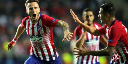 TALLINN, ESTONIA - AUGUST 15: Saul Niguez of Atletico Madrid celebrates with teammates after scoring his sides third goal during the UEFA Super Cup between Real Madrid and Atletico Madrid at Lillekula Stadium on August 15, 2018 in Tallinn, Estonia. (Photo by Alexander Hassenstein/Getty Images)