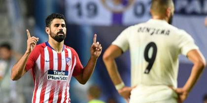 Atletico Madrid's Spanish forward Diego Costa (L) celebrates after scoring a second goal during the UEFA Super Cup football match between Real Madrid and Atletico Madrid at the Lillekula Stadium in the Estonian capital Tallinn on August 15, 2018. (Photo by Janek SKARZYNSKI / AFP) (Photo credit should read JANEK SKARZYNSKI/AFP/Getty Images)