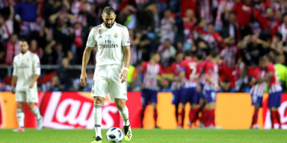 TALLINN, ESTONIA - AUGUST 15: Karim Benzema of Real Madrid looks dejected after Diego Costa of Atletico Madrid scores his sides first goal during the UEFA Super Cup between Real Madrid and Atletico Madrid at Lillekula Stadium on August 15, 2018 in Tallinn, Estonia. (Photo by Alexander Hassenstein/Getty Images)