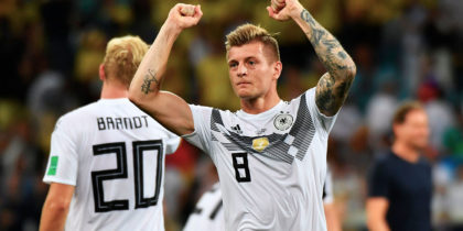 Germany's midfielder Toni Kroos celebrates scoring the 2-1 goal with his teammates during the Russia 2018 World Cup Group F football match between Germany and Sweden at the Fisht Stadium in Sochi on June 23, 2018. (Photo by Nelson Almeida / AFP) / RESTRICTED TO EDITORIAL USE - NO MOBILE PUSH ALERTS/DOWNLOADS (Photo credit should read NELSON ALMEIDA/AFP/Getty Images)