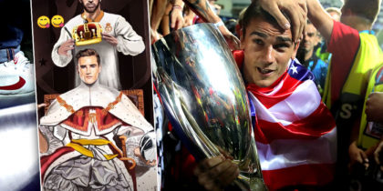 TALLINN, ESTONIA - AUGUST 15: Antoine Griezmann of Atletico Madrid celebrates with the trophy following the UEFA Super Cup between Real Madrid and Atletico Madrid at Lillekula Stadium on August 15, 2018 in Tallinn, Estonia. (Photo by Alexander Hassenstein/Getty Images)