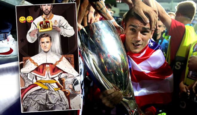 TALLINN, ESTONIA - AUGUST 15: Antoine Griezmann of Atletico Madrid celebrates with the trophy following the UEFA Super Cup between Real Madrid and Atletico Madrid at Lillekula Stadium on August 15, 2018 in Tallinn, Estonia. (Photo by Alexander Hassenstein/Getty Images)