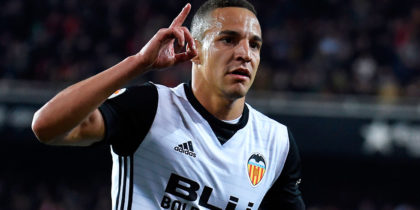 Valencia's Brazilian forward Rodrigo Moreno celebrates after scoring during the Spanish league football match Valencia CF against Real Betis at the Mestalla stadium in Valencia on March 04, 2018. / AFP PHOTO / JOSE JORDAN (Photo credit should read JOSE JORDAN/AFP/Getty Images)