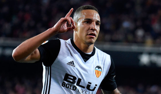 Valencia's Brazilian forward Rodrigo Moreno celebrates after scoring during the Spanish league football match Valencia CF against Real Betis at the Mestalla stadium in Valencia on March 04, 2018. / AFP PHOTO / JOSE JORDAN (Photo credit should read JOSE JORDAN/AFP/Getty Images)