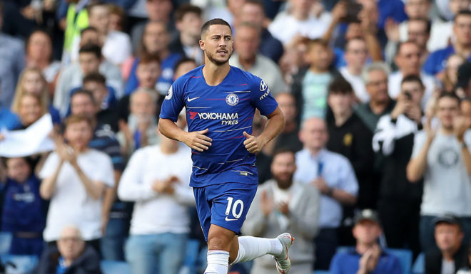 Chelsea's Belgian midfielder Eden Hazard comes on as a substitute during the English Premier League football match between Chelsea and Arsenal at Stamford Bridge in London on August 18, 2018. (Photo by Daniel LEAL-OLIVAS / AFP) / RESTRICTED TO EDITORIAL USE. No use with unauthorized audio, video, data, fixture lists, club/league logos or 'live' services. Online in-match use limited to 120 images. An additional 40 images may be used in extra time. No video emulation. Social media in-match use limited to 120 images. An additional 40 images may be used in extra time. No use in betting publications, games or single club/league/player publications. / (Photo credit should read DANIEL LEAL-OLIVAS/AFP/Getty Images)