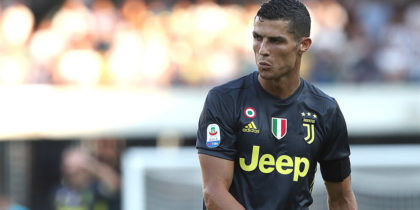 VERONA, ITALY - AUGUST 18: Cristiano Ronaldo of Juventus looks on during the Serie A match between Chievo Verona and Juventus at Stadio Marc'Antonio Bentegodi on August 18, 2018 in Verona, Italy. (Photo by Marco Luzzani/Getty Images)