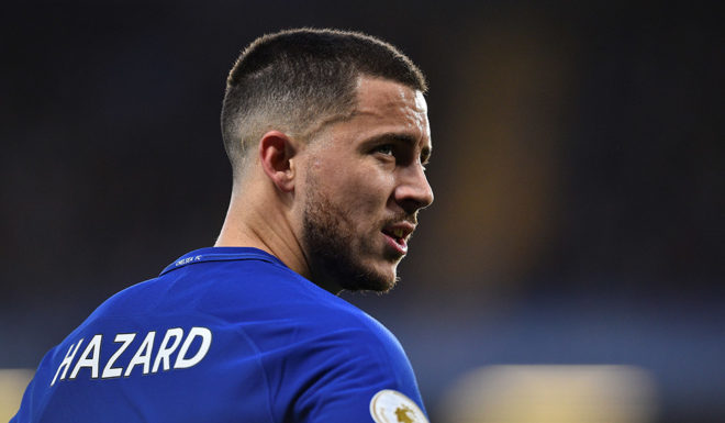Chelsea's Belgian midfielder Eden Hazard plays during the English Premier League football match between Chelsea and Crystal Palace at Stamford Bridge in London on March 10, 2018. / AFP PHOTO / Glyn KIRK / RESTRICTED TO EDITORIAL USE. No use with unauthorized audio, video, data, fixture lists, club/league logos or 'live' services. Online in-match use limited to 75 images, no video emulation. No use in betting, games or single club/league/player publications. / (Photo credit should read GLYN KIRK/AFP/Getty Images)