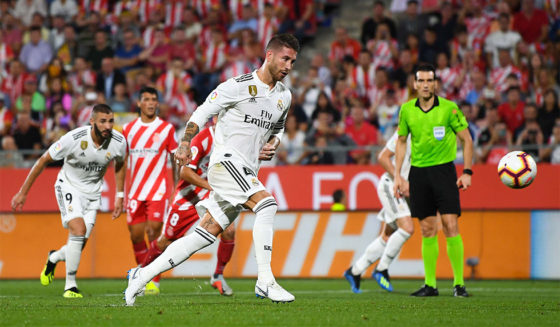 GIRONA, SPAIN - AUGUST 26: Sergio Ramos of Real Madrid CF scores his team's first goal from the penalty spot during the La Liga match between Girona FC and Real Madrid CF at Montilivi Stadium on August 26, 2018 in Girona, Spain. (Photo by David Ramos/Getty Images)